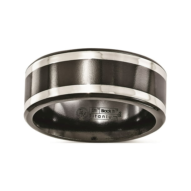 Titanium Black Ti with Sterling Silver Inlay 9mm Polished Flat Band Size 11.5 Length Width 9 Titanium Black Ti with Sterling Silver Inlay 9mm Polished Flat Band Size 11.5 Length Width 9